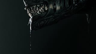 The lower half of a xenomorph's face baring its teeth, saliva dripping from its mouth in a poster for Alien: Romulus.