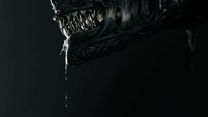 The lower half of a xenomorph’s face baring its teeth, saliva dripping from its mouth in a poster for Alien: Romulus.