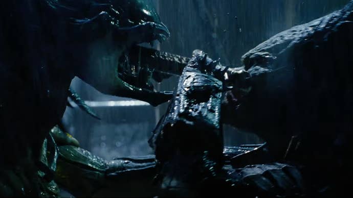 An Alien and a Predator fighting in Alien vs Predator: Requiem.