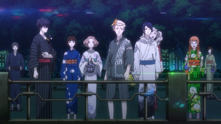 The phantom thieves watch a firework display in Persona 5 Strikers.