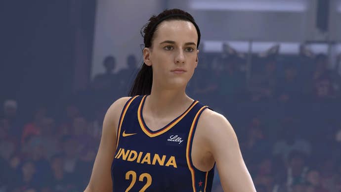 A WNBA player in NBA 2K25 closely monitoring their rival player on the court