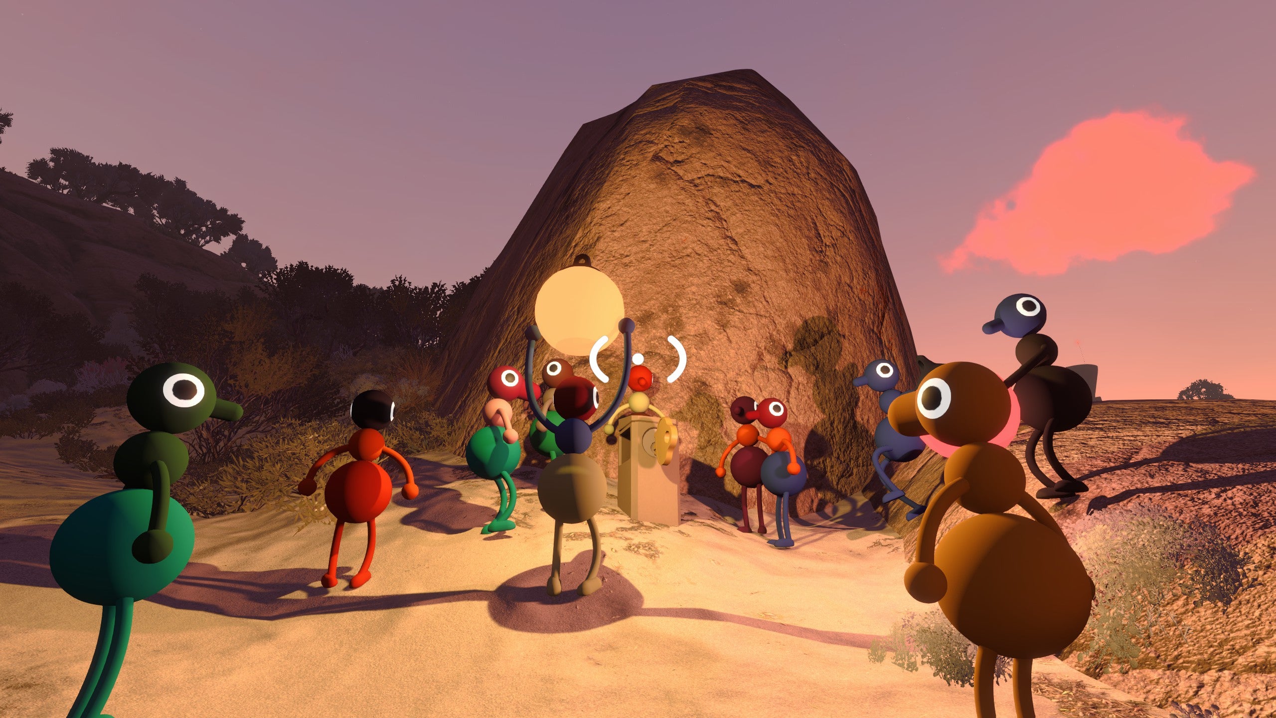 A lot of blobby people with big eyes stand on a sandy beach at dusk. One of them, in the middle of the group, holds a glowing globe aloft.