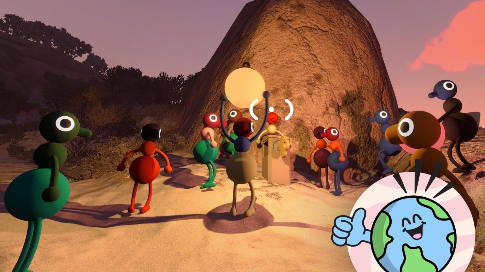 Many blobby people, who look a bit like upright walking ants, stand in a sandy area near a large rock as one of them holds a glowing orb aloft. Perhaps it is their chieftan. In the bottom right-hand corner, a smiling globe has been overlaid, and it's giving a thumbs up. Evidently, the world approves.