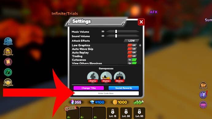 Arrow pointing at the menu used to redeem codes in the Roblox game All Star Tower Defense.