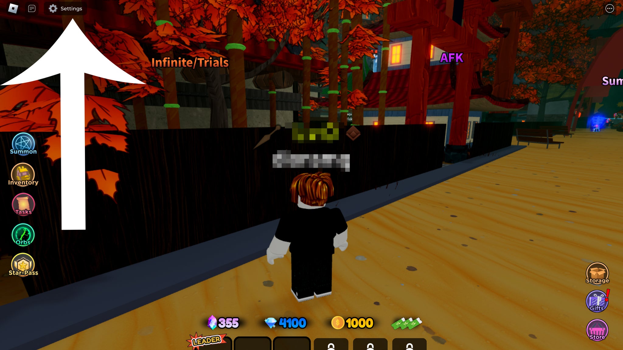 Arrow pointing at the settings button in the Roblox game All Star Tower Defense. - 3