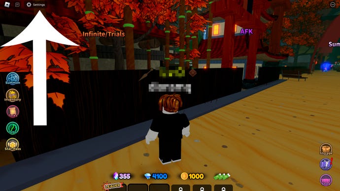 Arrow pointing at the settings button in the Roblox game All Star Tower Defense.