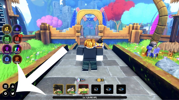 An arrow pointing at the codes button in the Roblox game All Star Tower Defense X.