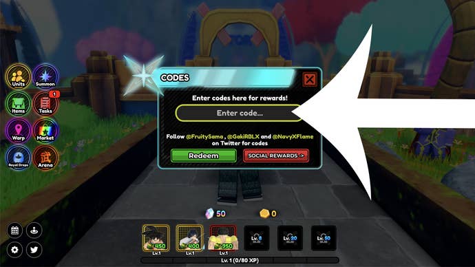 An arrow pointing at the codes menu in the Roblox game All Star Tower Defense X.
