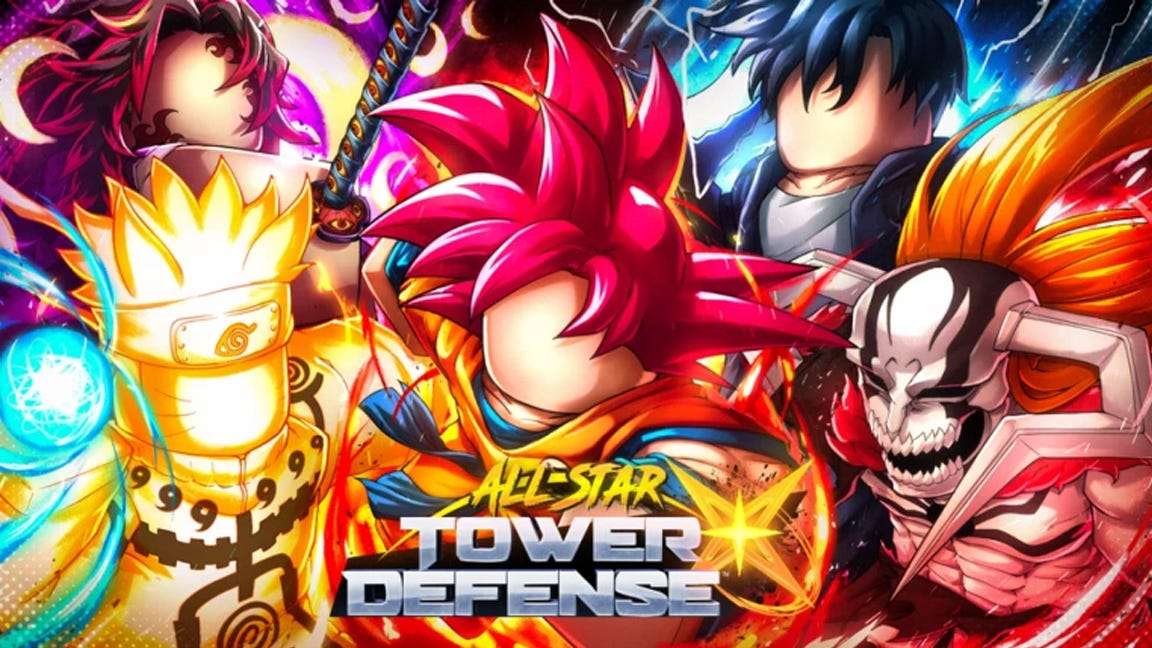 Artwork for the Roblox game All Star Tower Defense X, showing some of the anime-inspired Units players can collect.