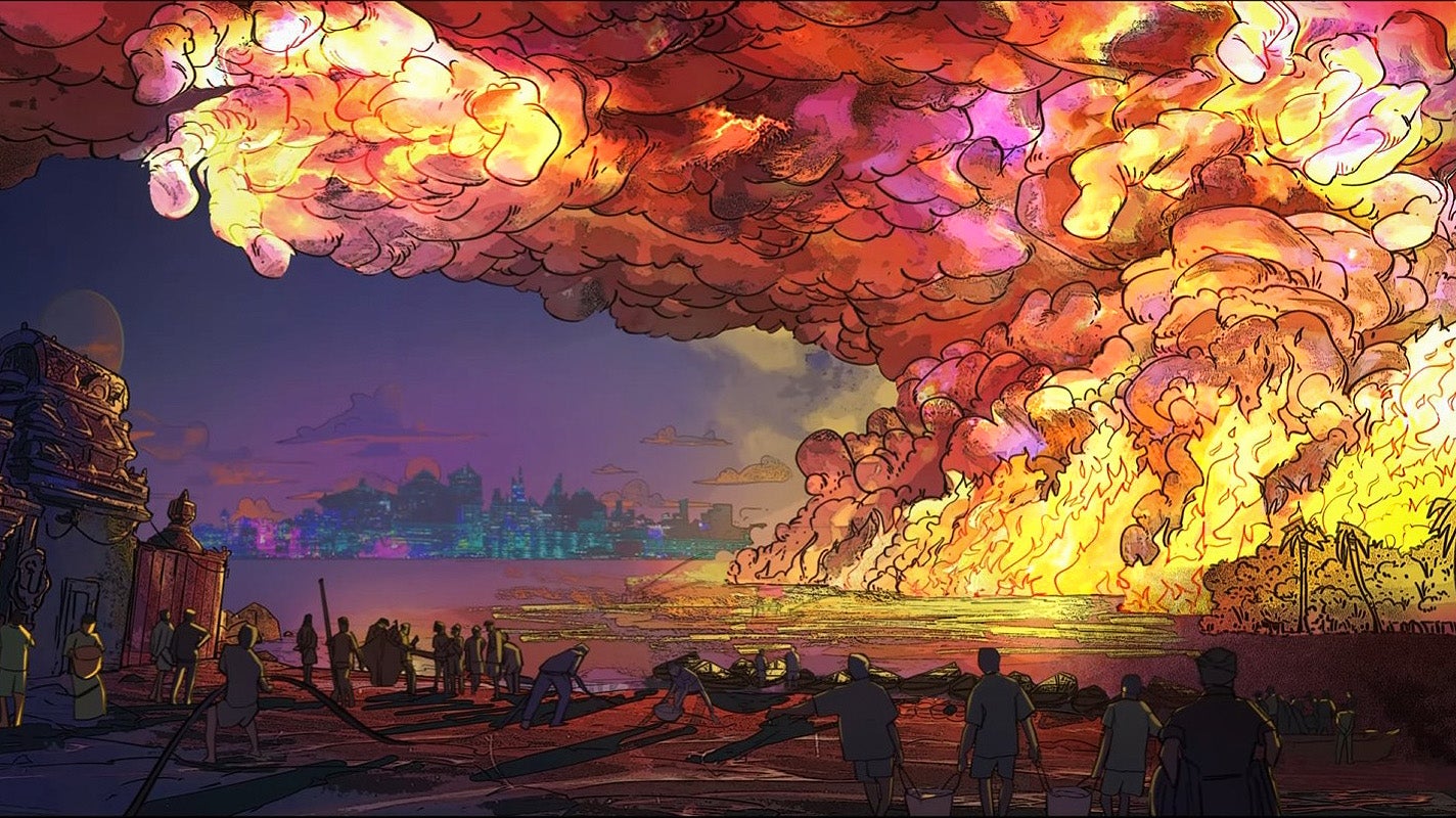 An illustrative scene from All Will Rise, showing a huge plume of swirling fire coming off of a body of water, and people flocking around a shore to try and do something about it.
