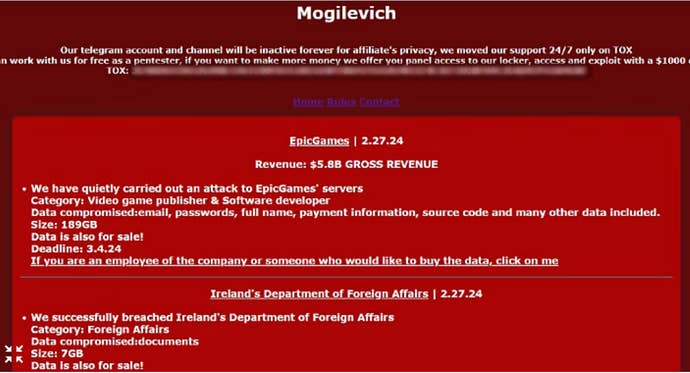 A screencap of a message purporting to be from hackers of Epic Games