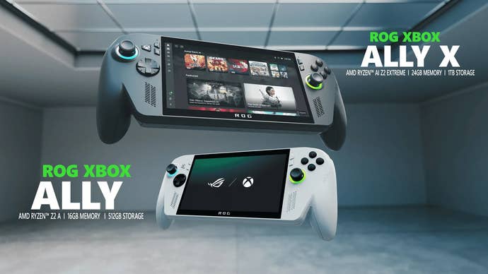 asus rog xbox ally x and xbox rog ally pc gaming handhelds shown floating in space