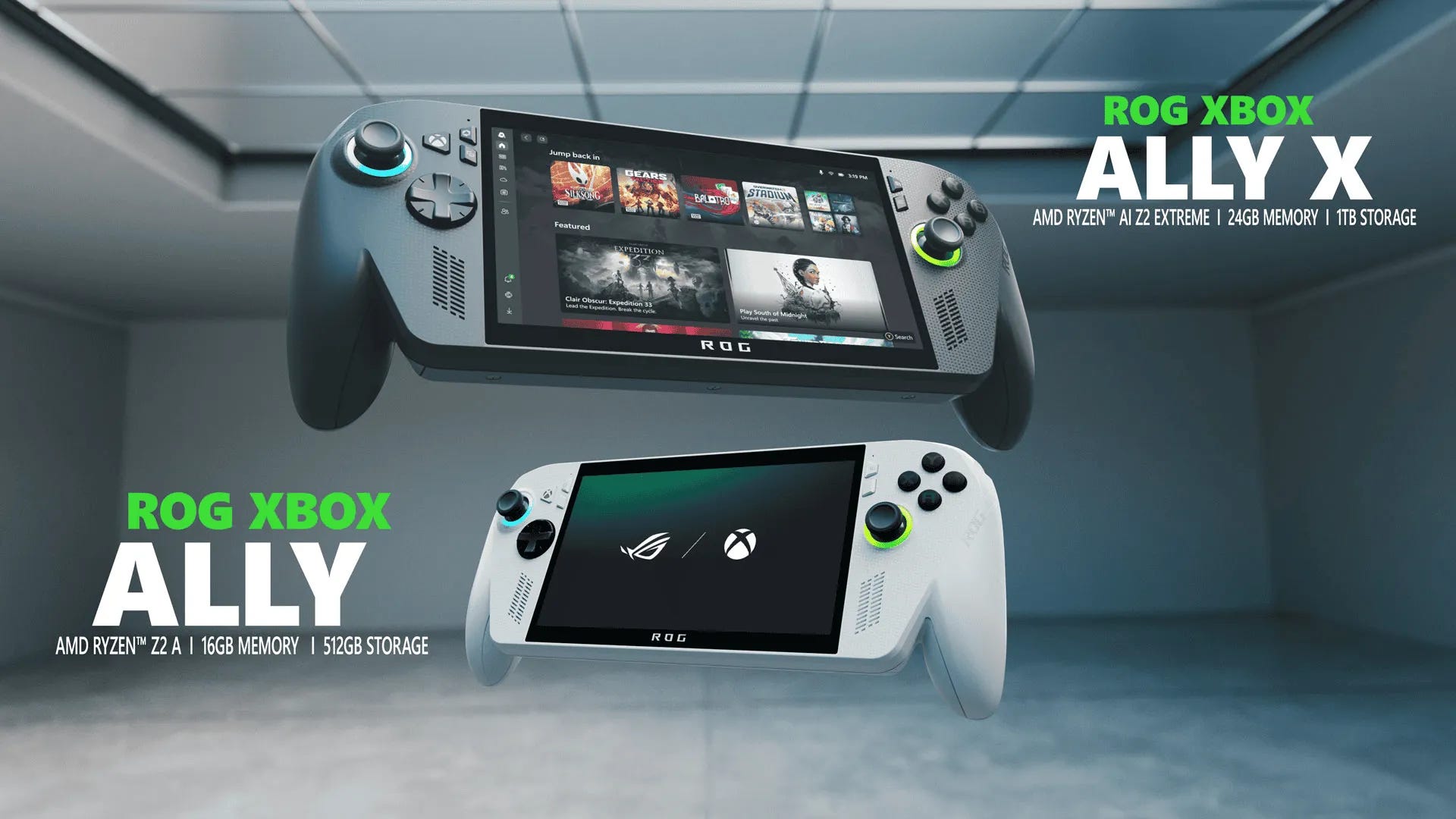 asus rog xbox ally x and xbox rog ally pc gaming handhelds shown floating in space