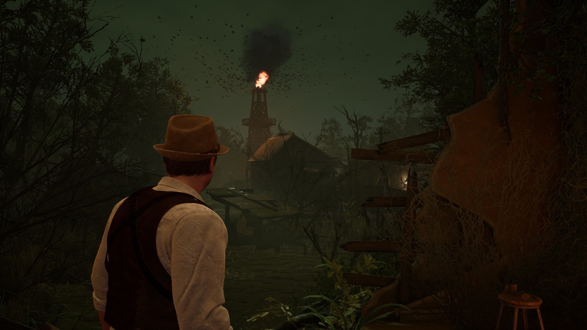 David looks out at a grim tower swarmed by circling crows in Alone In The Dark. - 3