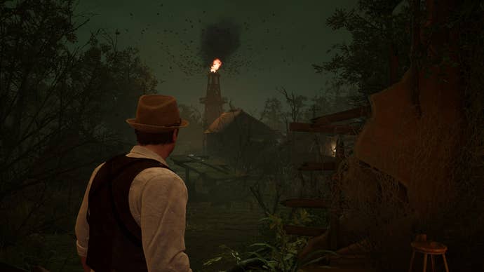 David looks out at a grim tower swarmed by circling crows in Alone In The Dark.