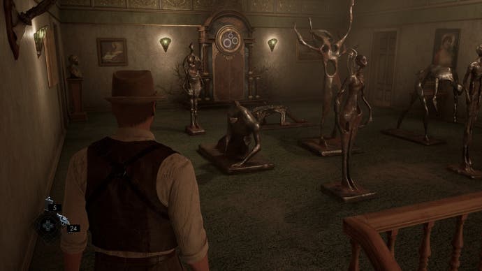 Alone in the Dark - Edward looking at a number of humanoid metallic statues in various poses and a grandfather clock