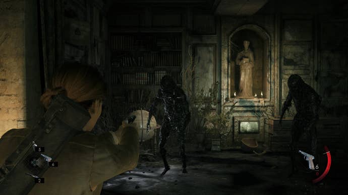 Jodie aims at a wraith-like monster in Alone In The Dark.