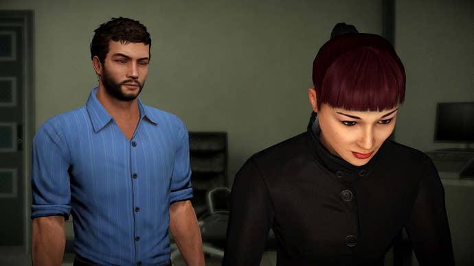 Two characters in Alpha Protocol, framed like prestige television.