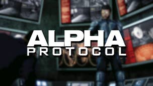 A header image for Alpha Protocol, stating the game's name with a blurred background featuring a spy holding a gun to someone's head, with monitors all around him.