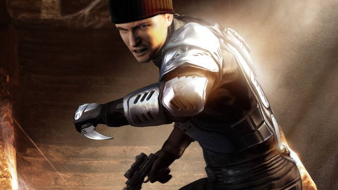 A man stands, wielding a knife, in Alpha Protocol.