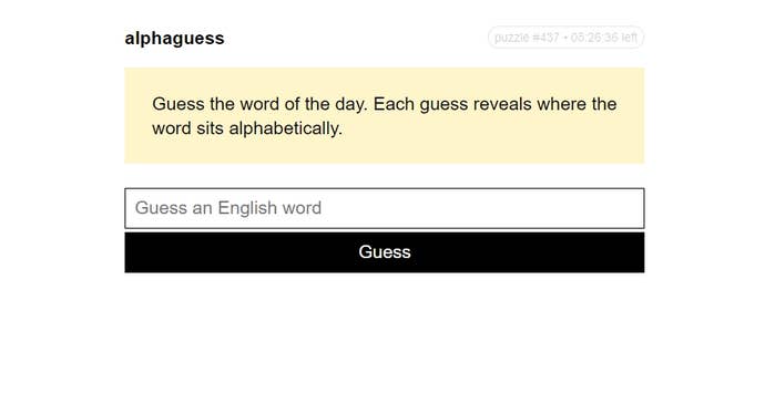 A screenshot of Alphaguess, a once-a-day word guessing puzzle game.