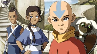 Avatar: The Last Airbender image showing lead bald character next to two friends and a creature with long ears
