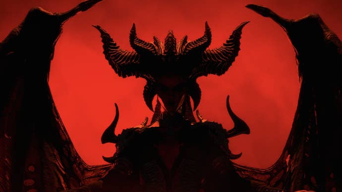 Diablo 4 artwork showing the silhouette of the game’s demonic villain Lilith.