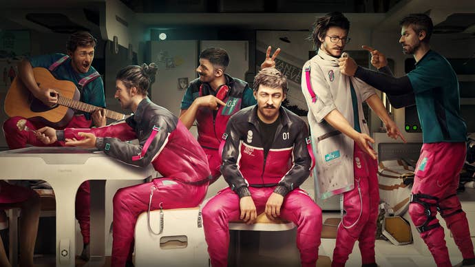 A piece of game artwork showing several versions of the same character in a tableau, which is very reminiscent of Da Vinci’s Last Supper. They all wear a variation of the same pink tracksuit and are all arguing with each other or interacting in some way. It’s an energetic image. They are all clones of the same person, living in a base together.