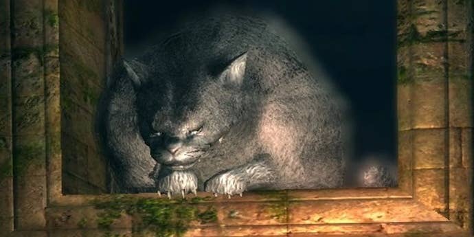 A monstrous cat perched in a window frame in Dark Souls