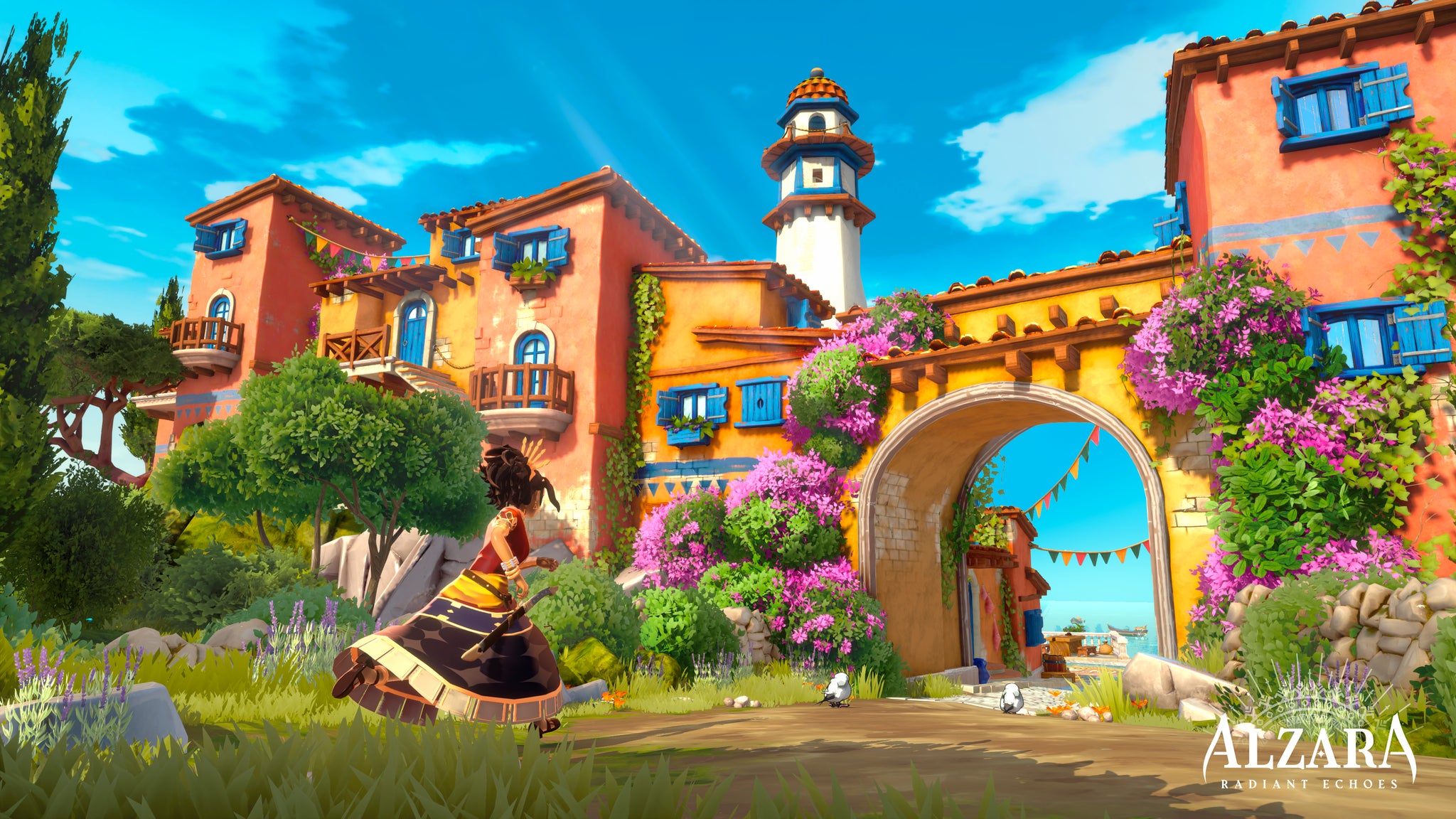 Alzara Radiant Echoes hero Kayla runs through a Mediterranean-inspired town in the RPG - 3