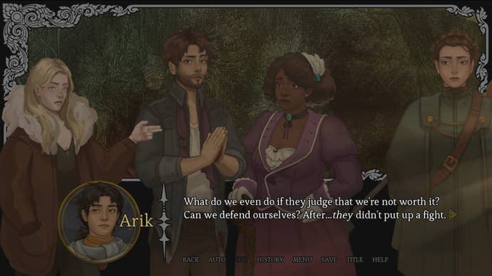 A conversation from fantasy visual novel Amarantus in which the characters discuss a mysterious act of murder, and worry that they’re being watched from the trees.