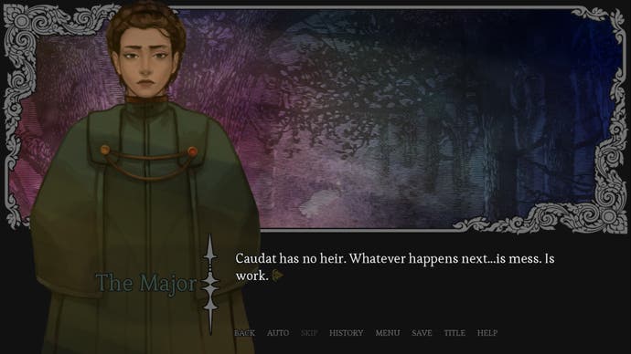 A scene from fantasy visual novel Amarantus, in which the Major argues that the really challenging part of any revolution is what happens afterwards.