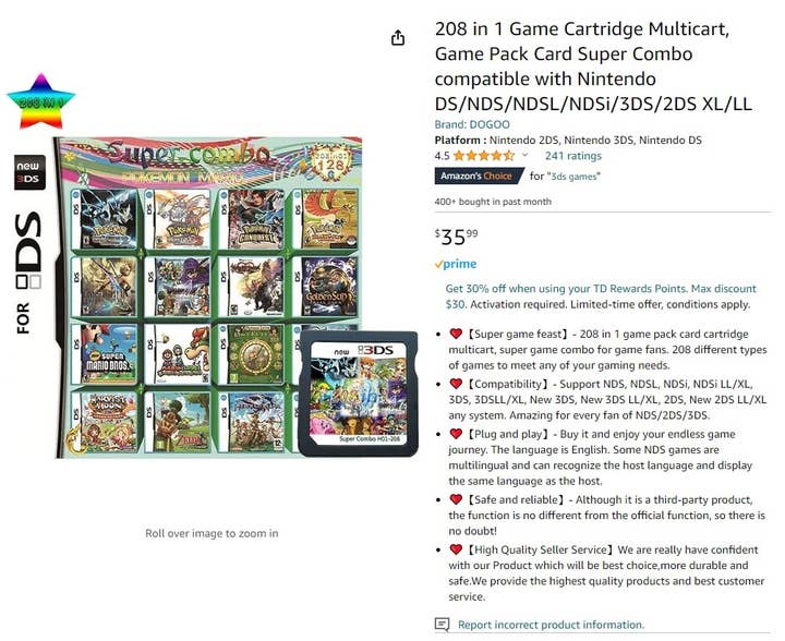 Amazon product listing for a 208-in-1 game cartridge. The cover art is a 4x4 grid of cover art from games like New Super Mario Bros, Golden Sun Dark Dawn, Pokemon HeartGold, and Zelda: Spirit Tracks. There's a tag branding it as "Amazon's Choice" for the search "3DS games." It has a 4.5 out of 5 star rating, with 241 ratings. 400+ were bought in the past month. It is $35.99 and eligible for free shipping with Amazon Prime.