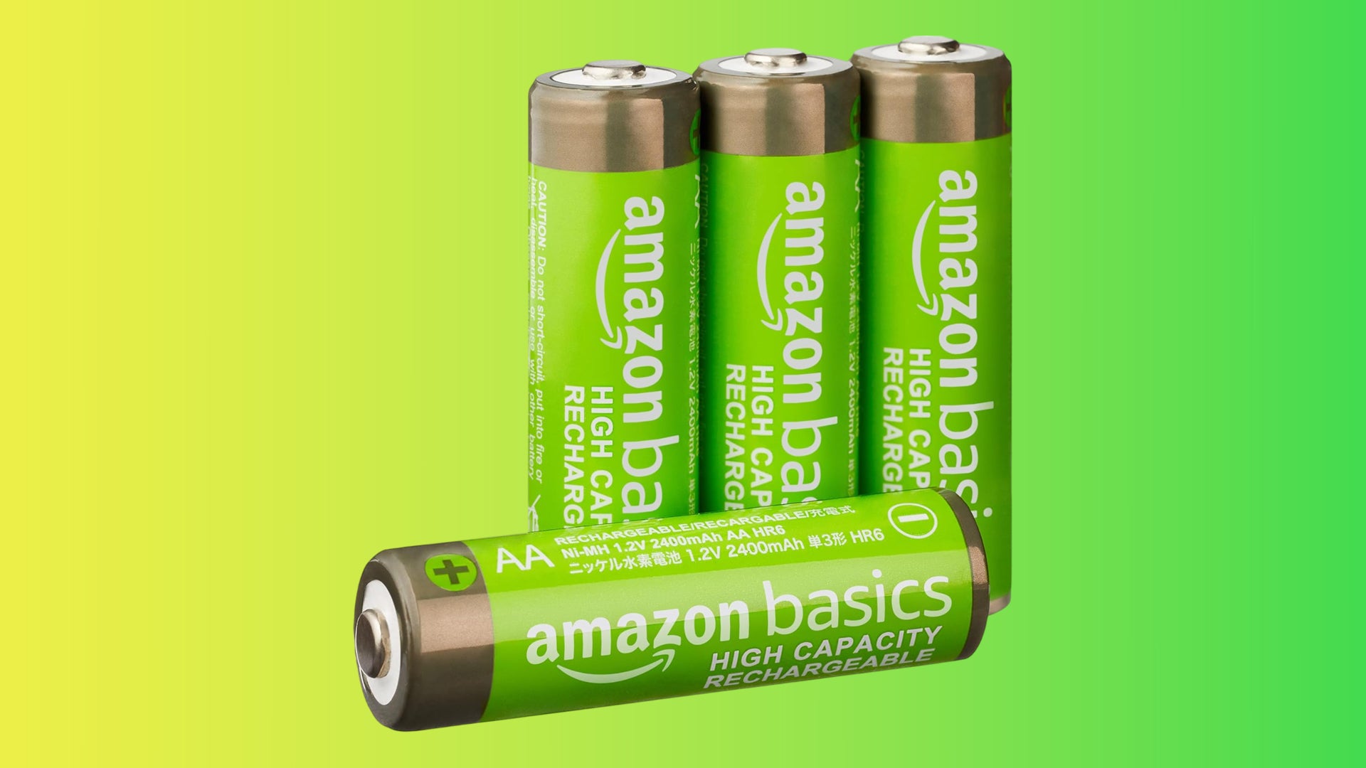 Amazon Basics rechargeable AA batteries on a gradient background