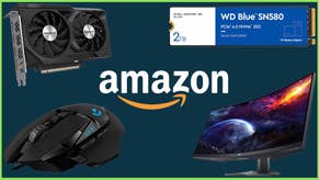 An SSD, a graphics card, an ultrawide monitor, and gaming mouse surround the Amazon logo
