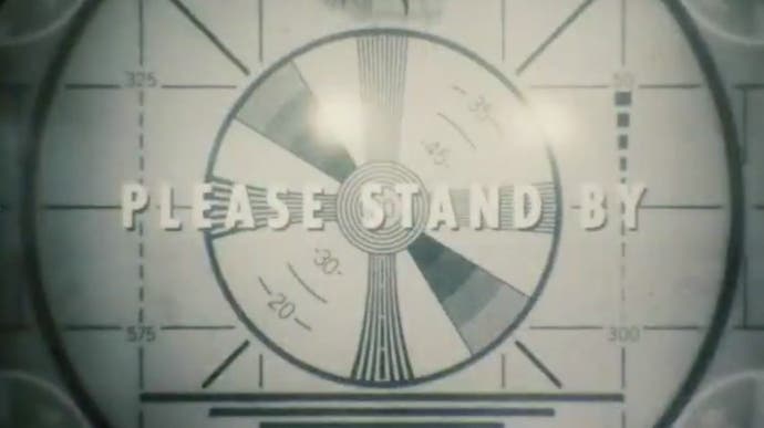 An image of a Fallout-themed black and white TV test card reading, "Please stand by".