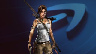 2013 Tomb Raider's Lara Craft stood covered in dirt, weapons in hands, superimposed over Amazon's smile arrow logo.