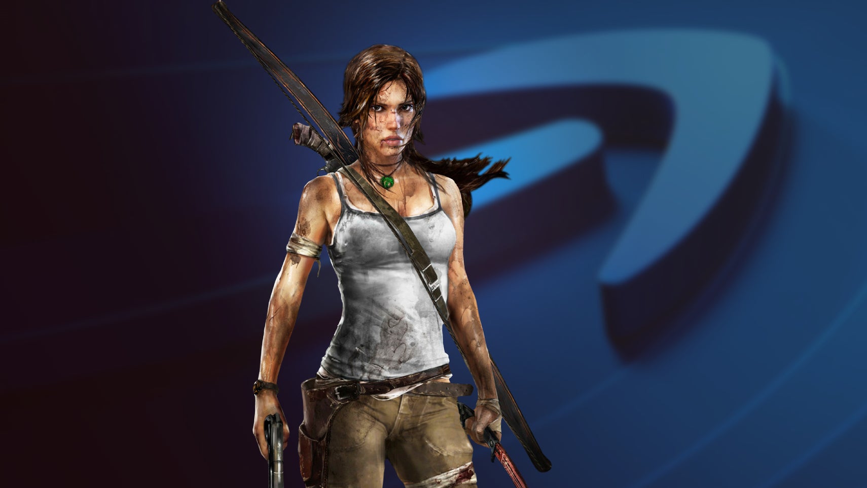 2013 Tomb Raider's Lara Craft stood covered in dirt, weapons in hands, superimposed over Amazon's smile arrow logo. - 1
