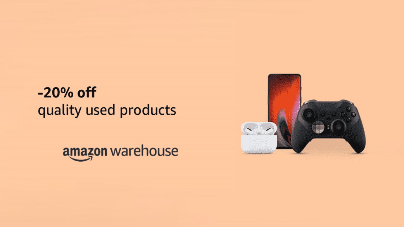 amazon&rsquo;s graphic advertising a 20% discount on amazon warehouse &lsquo;quality used&rsquo; products