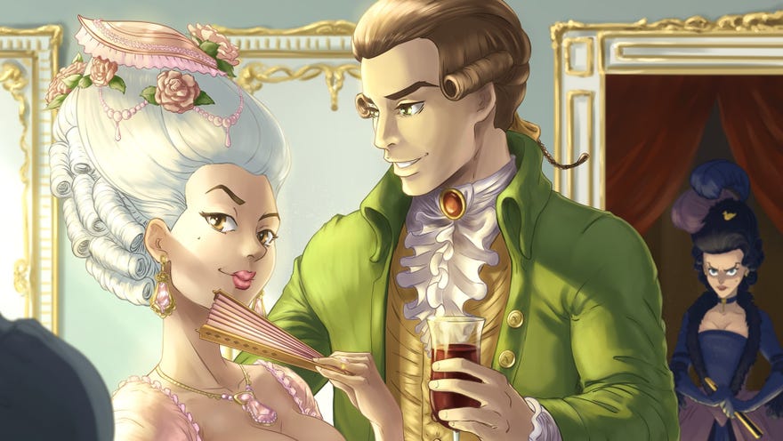 Ambition: A Minuet In Power - A Woman in a 1700’s french dress carrying a fan stands beside a man in a cravat holding a glass of wine while another woman looks on with an evil expression in the background.