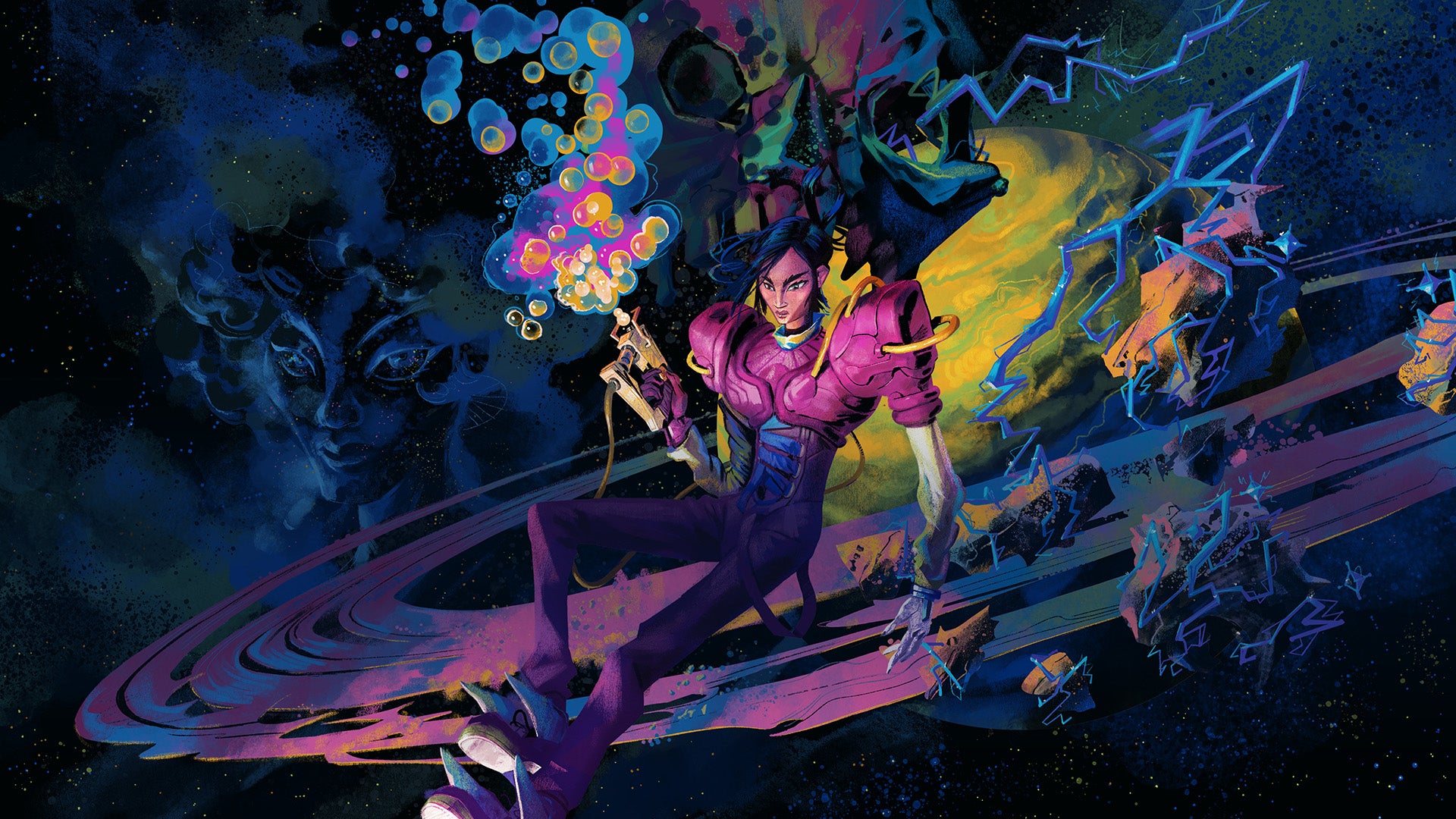 A woman in a spacesuit holding some kind of gun blowing bubbles is floating in front of Saturn in key art for Ambrosia Sky. - 1