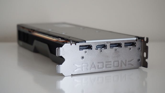 AMD’s Radeon RX 6700 XT graphics card from the rear, showing its display outputs