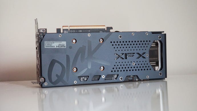 A photo of the AMD Radeon RX 6600 XT graphics card from the side