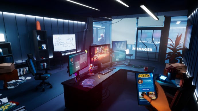 The secondary protagonist in American Arcadia, in a first person view in an office with computer monitors