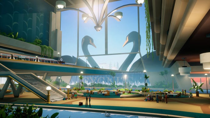 A wide view of a plaza in American Arcadia, with huge statues of swans in front of a giant window