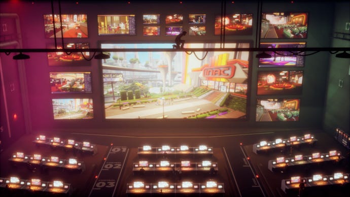 Trevor creeping over a gantry in front of a control room with giant screens in American Arcadia