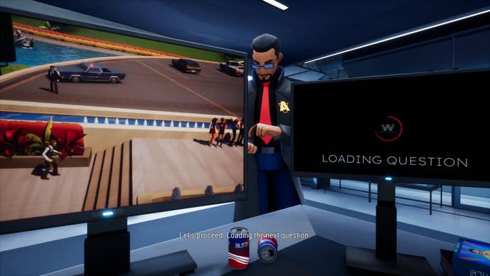 Angela is interviewed by the head of security while still helping Trevor escape American Arcadia on her second screen