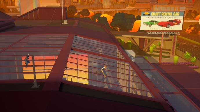 Trevor running across a glass roof in American Arcadia