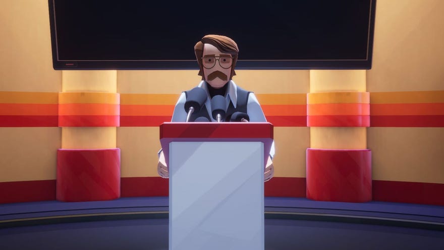 Trevor, the main character in American Arcadia, stands at a dais and faces the camera
