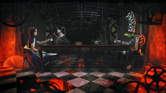 Promotional art of American McGee’s Alice: Alice sits opposite the Mad Hatter for a tea party.